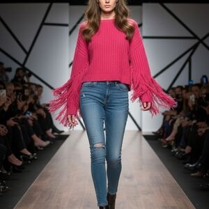 Pink Crew Neck Sweater with Ribbed Texture